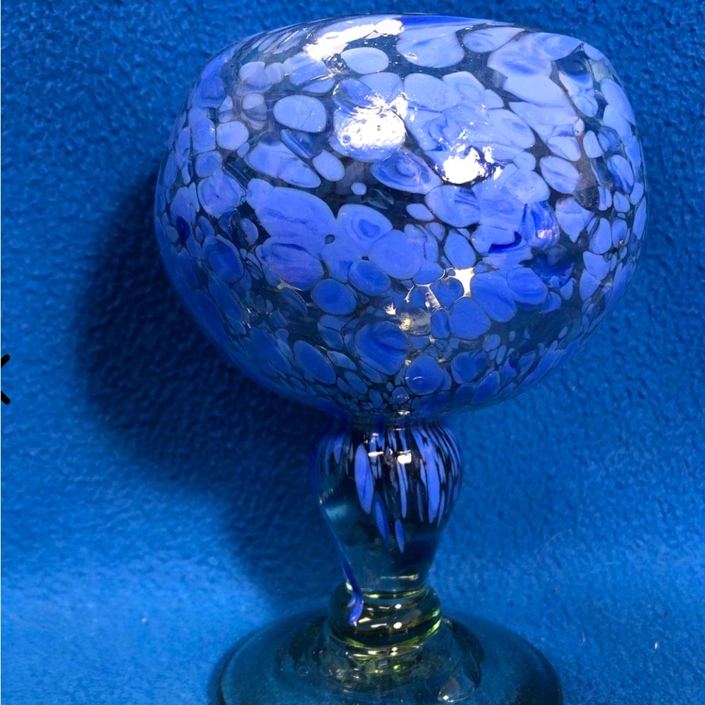 Hand Blown Art Glass "Blue Ice" Wine Goblet or Decorative Tea Light Holder.